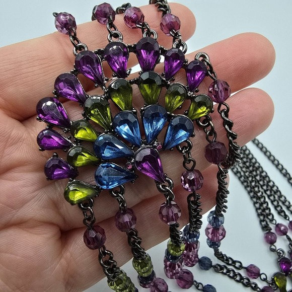 Whimsigoth‎ Statement Necklace Gunmetal Rhinestones Peacock Fashion Jewelry - Picture 7 of 12